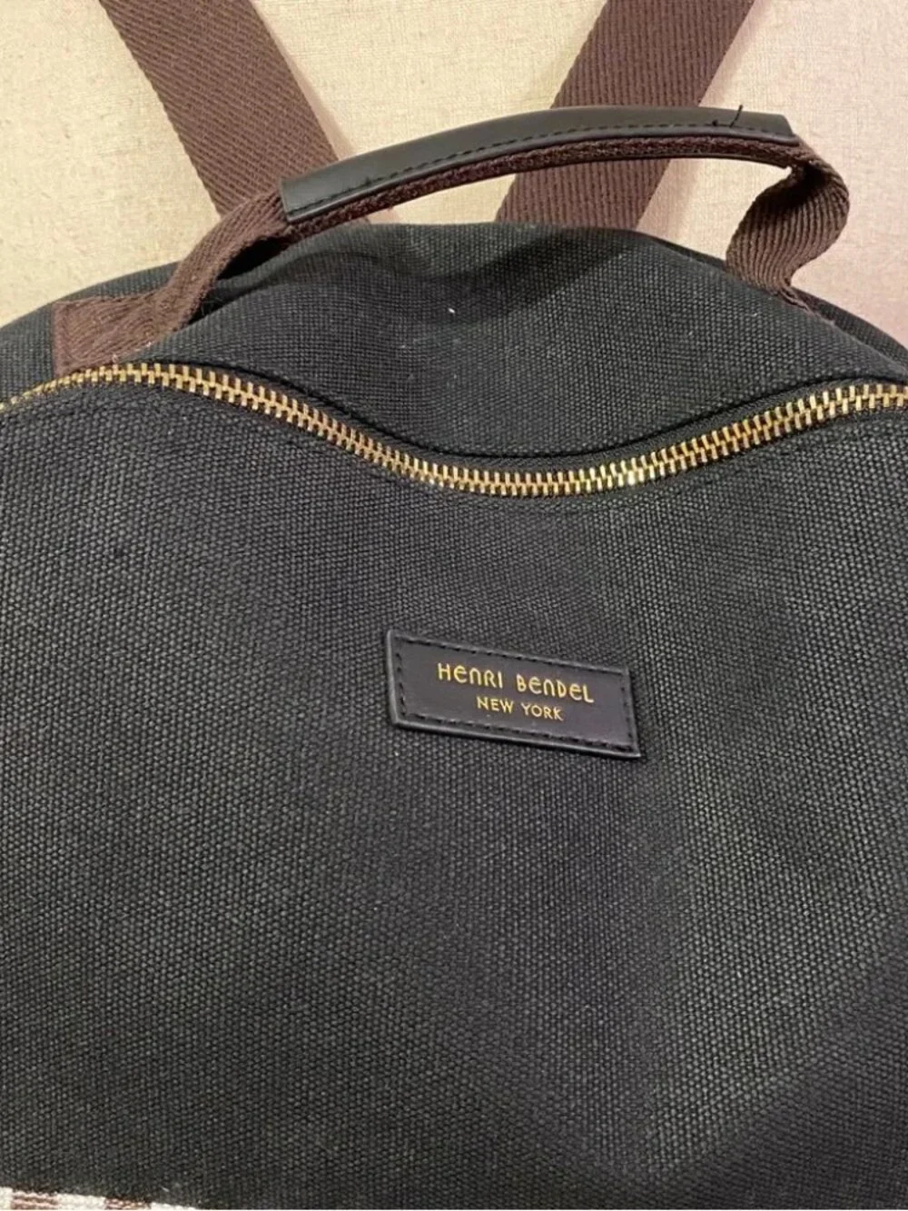 Henri Bendel black white brown striped canvas backpack large